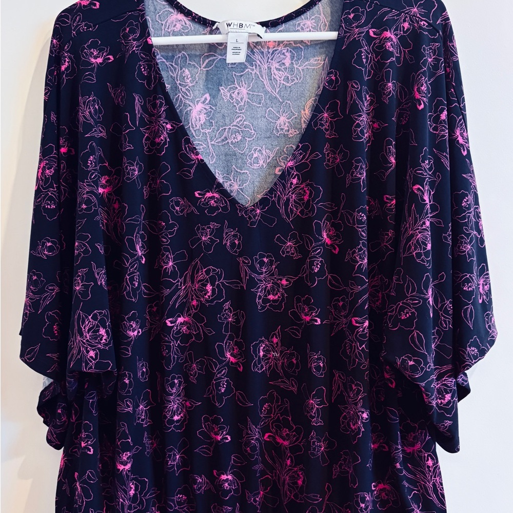 White House Black Market Black V-Neck Floral Jersey Top with Pink Print